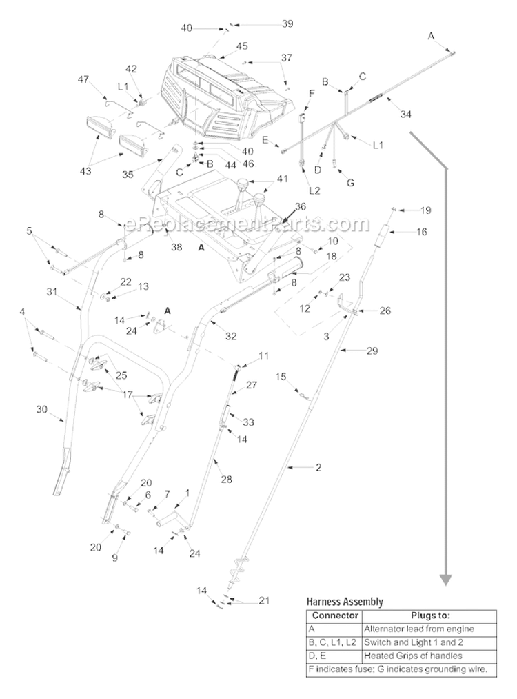 Handle & Controls Assembly Diagram and Parts List for 10030 2003 Troy-Bilt Snow Blower