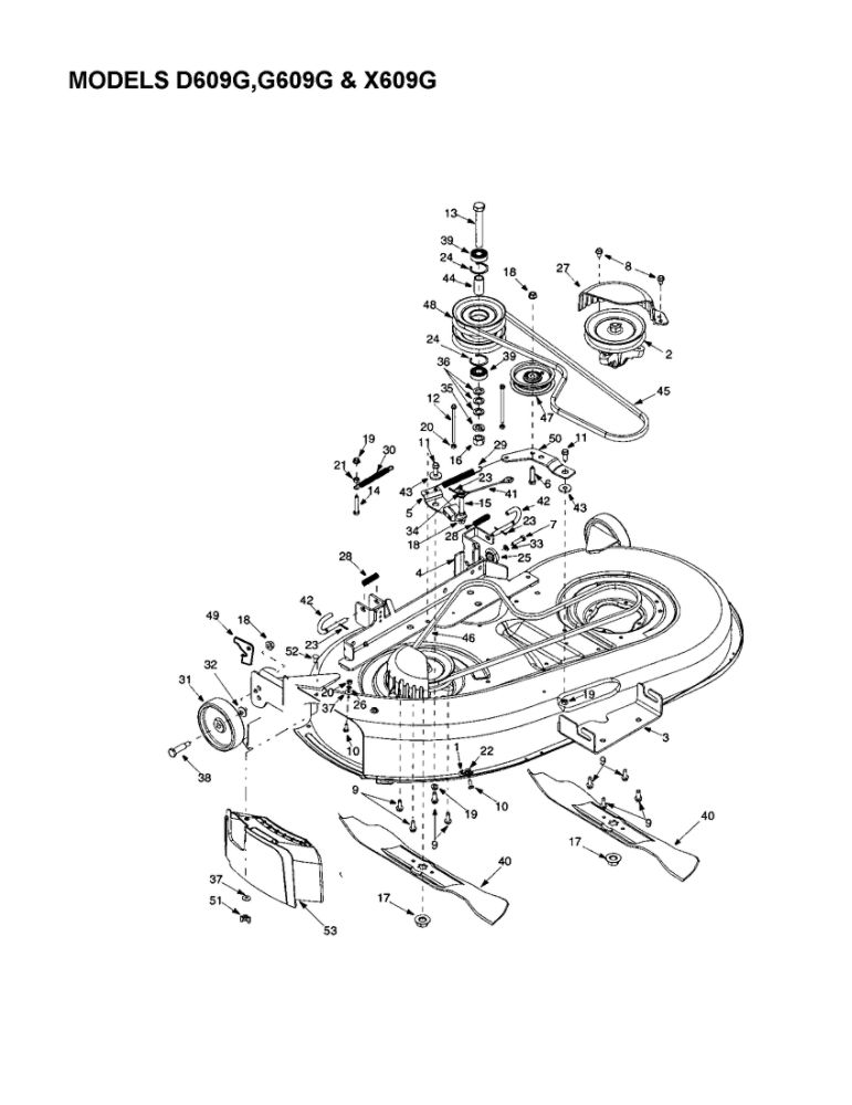 Deck/Brake/Gear Diagram and Parts List for X609G  Troy-Bilt Lawn Tractor