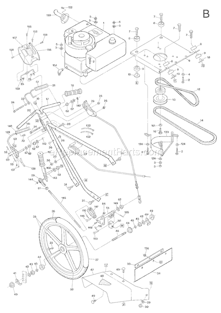 Page B Diagram and Parts List for 11368  Troy-Bilt Lawn Mower