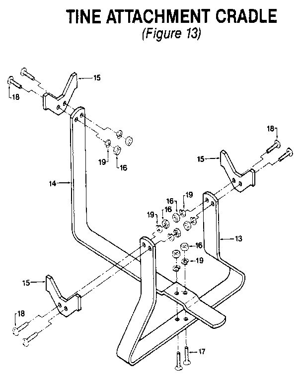 Tine Attachment Cradle Diagram and Parts List for PTO HORSE 00950727 AND UP Troy-Bilt Tiller