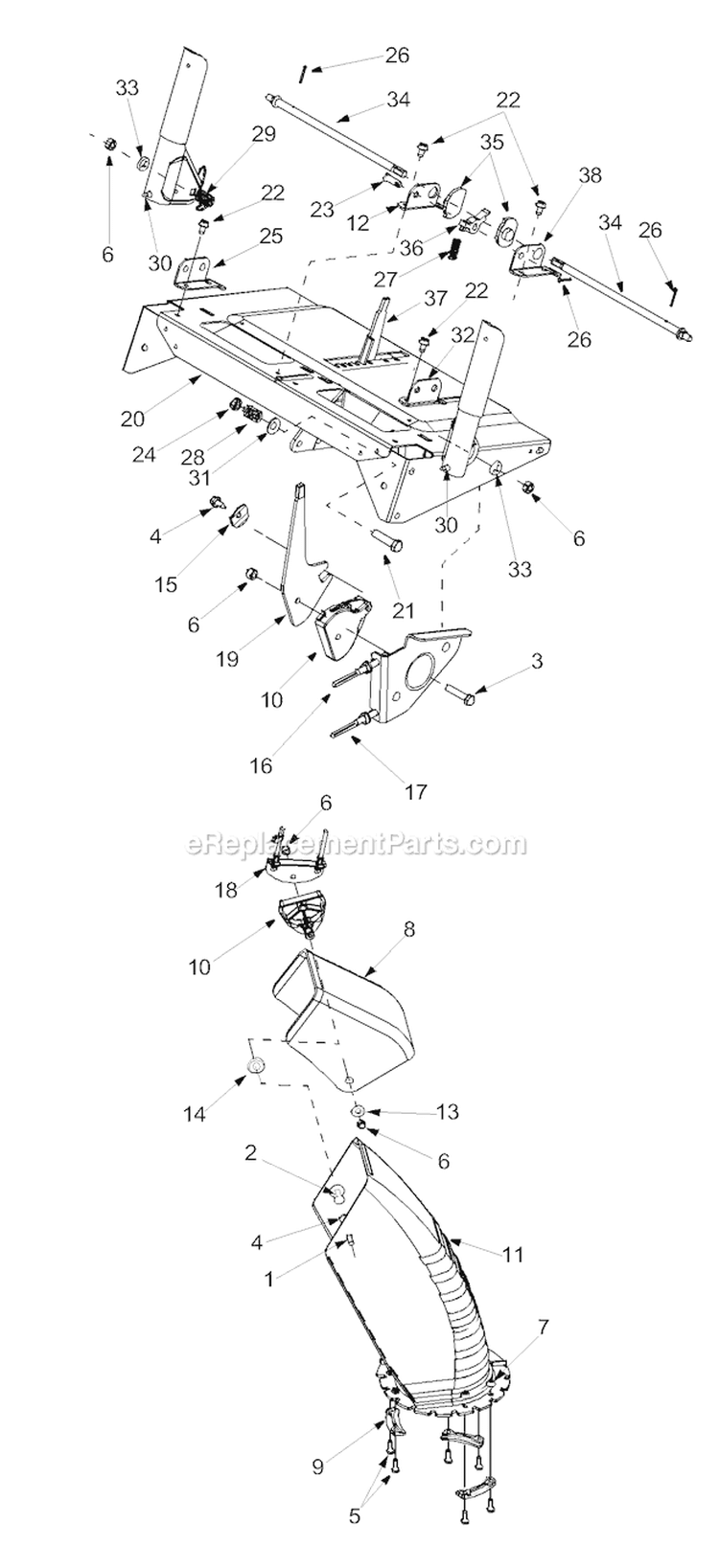 Chute Assembly Diagram and Parts List for 13045 2003 Troy-Bilt Snow Blower