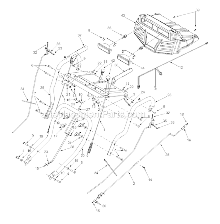 Handle & Controls Assembly Diagram and Parts List for 13045 2003 Troy-Bilt Snow Blower