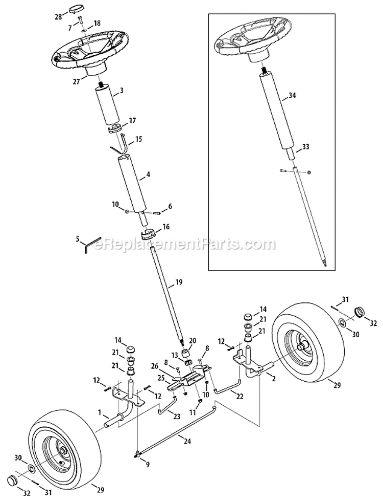 Front End Steering Diagram and Parts List for 13AC26JD011 2012 Troy-Bilt Lawn Tractor