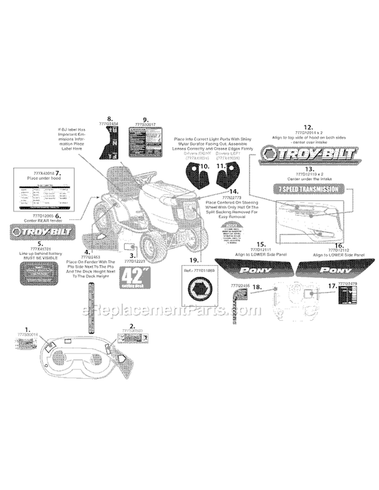 Label Map Diagram and Parts List for 13AN77KG011 Pony -2008 Troy-Bilt Lawn Tractor