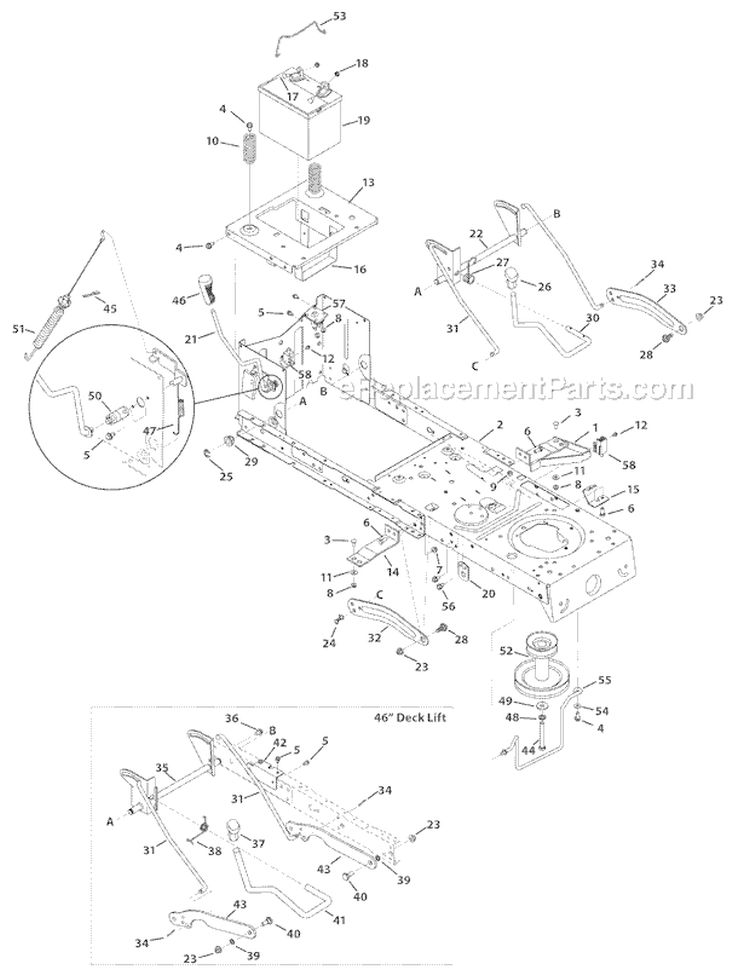 Frame And Pto Lift Diagram and Parts List for 13AN77KG011 Pony -2009 Troy-Bilt Lawn Tractor