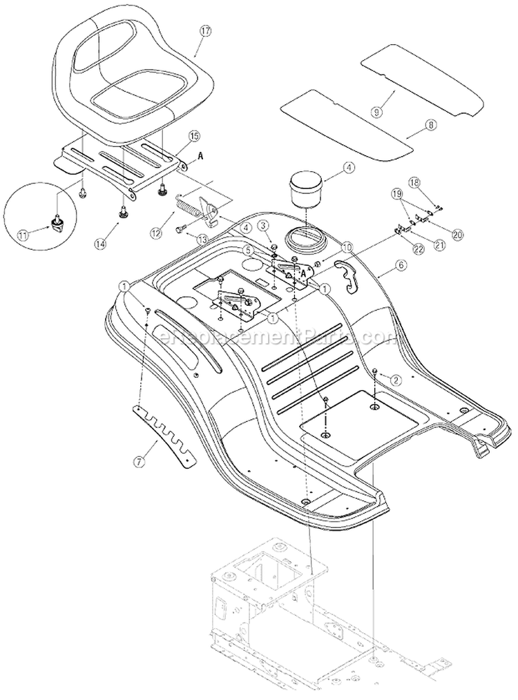 Fender And Seat Assembly Diagram and Parts List for 13AO77TG766 2006 Troy-Bilt Lawn Tractor
