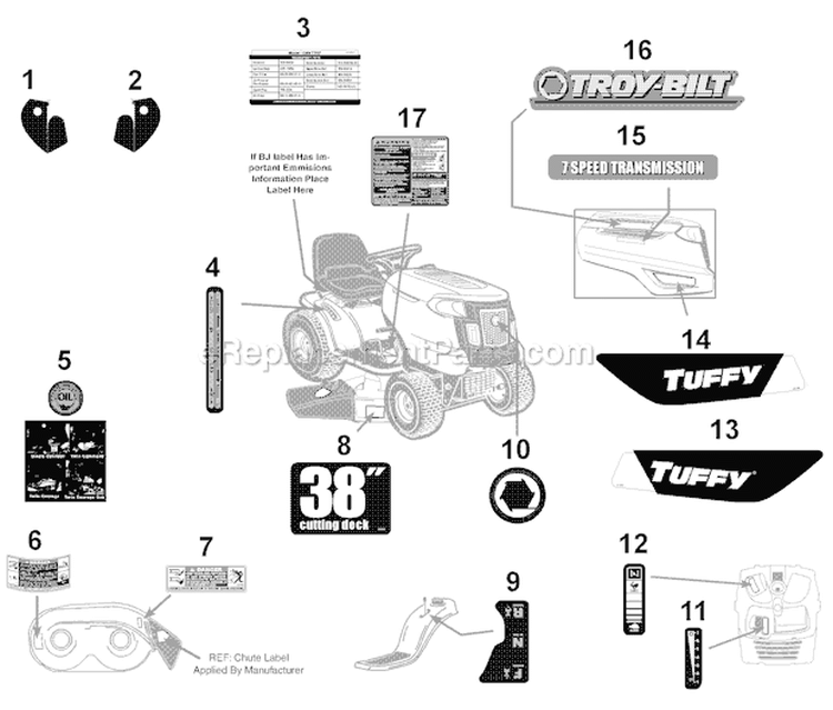 Page F Diagram and Parts List for 13AV77KF066 Tuffy -2011 Troy-Bilt Lawn Tractor