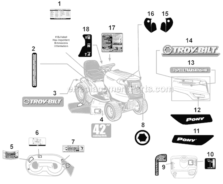 Page E Diagram and Parts List for 13WN77KS211 Pony -2010 Troy-Bilt Lawn Tractor