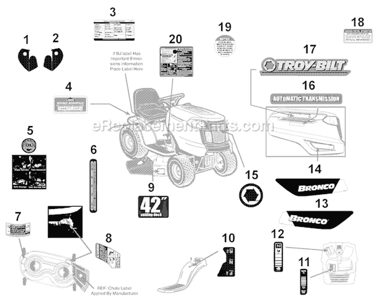 Page F Diagram and Parts List for 13WX78KS011 Bronco -2011 Troy-Bilt Lawn Tractor