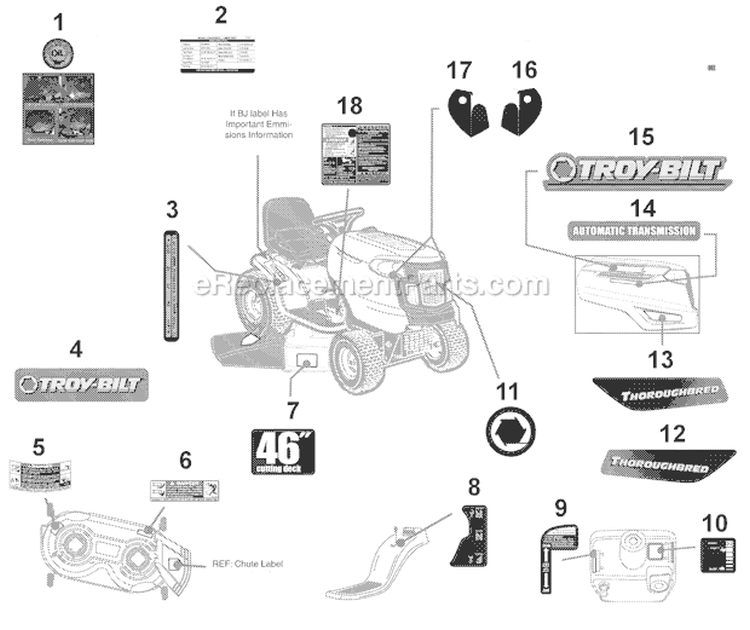 Page E Diagram and Parts List for 13WX78KT066 Thouroghbred -2010 Troy-Bilt Lawn Tractor