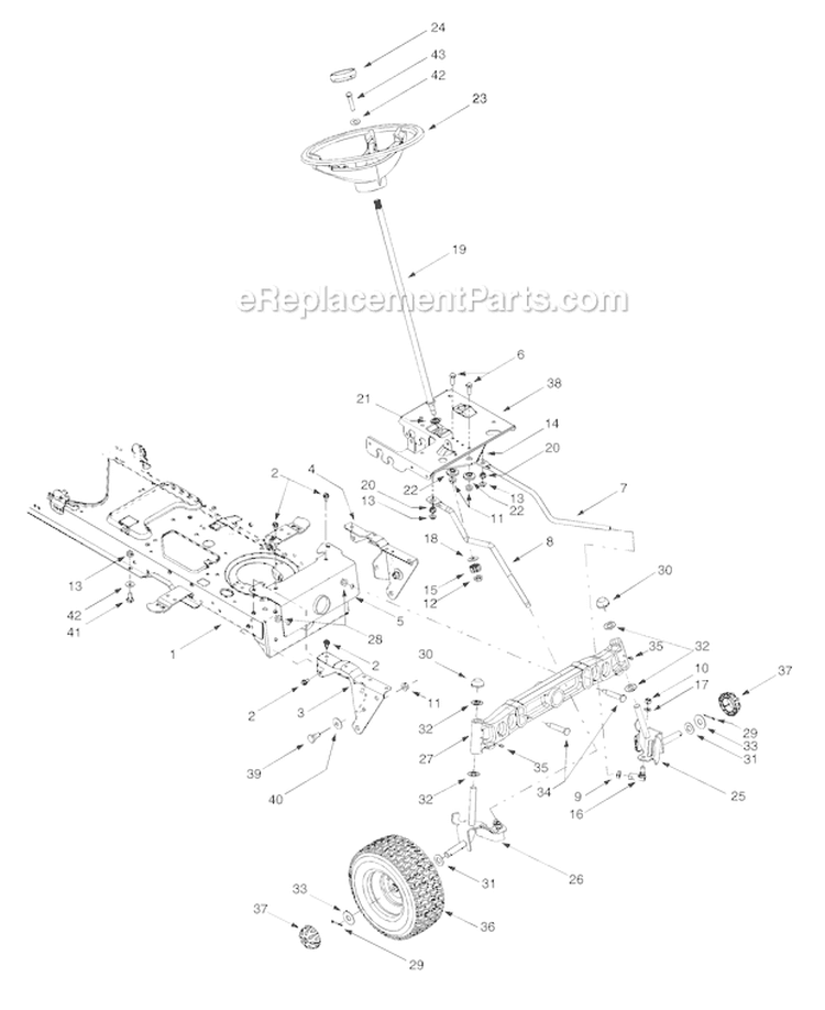 Axle, Front, Steering, Frame, Wheels, Front Diagram and Parts List for 14AY809P063 2000 Troy-Bilt Lawn Tractor
