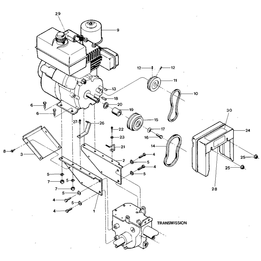 Engine And Support Brackets, Pulleys, Belts, Belt Cover Diagram and Parts List for ECONOHORSE#E9434ANDUP  Troy-Bilt Tiller