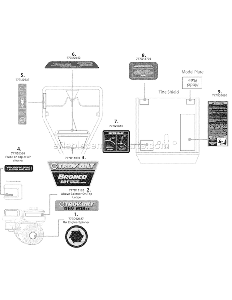 Page D Diagram and Parts List for 21A-64M1066 2008 Troy-Bilt Tiller