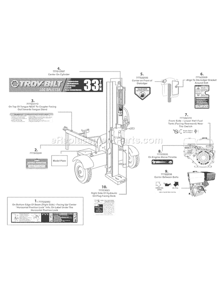 Page B Diagram and Parts List for 24AD597D766 LS33T 2008 Troy-Bilt Log Splitter