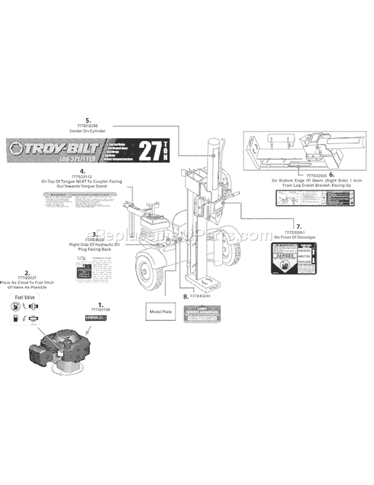 Page B Diagram and Parts List for 24BF572B711 LS27 2008 Troy-Bilt Log Splitter