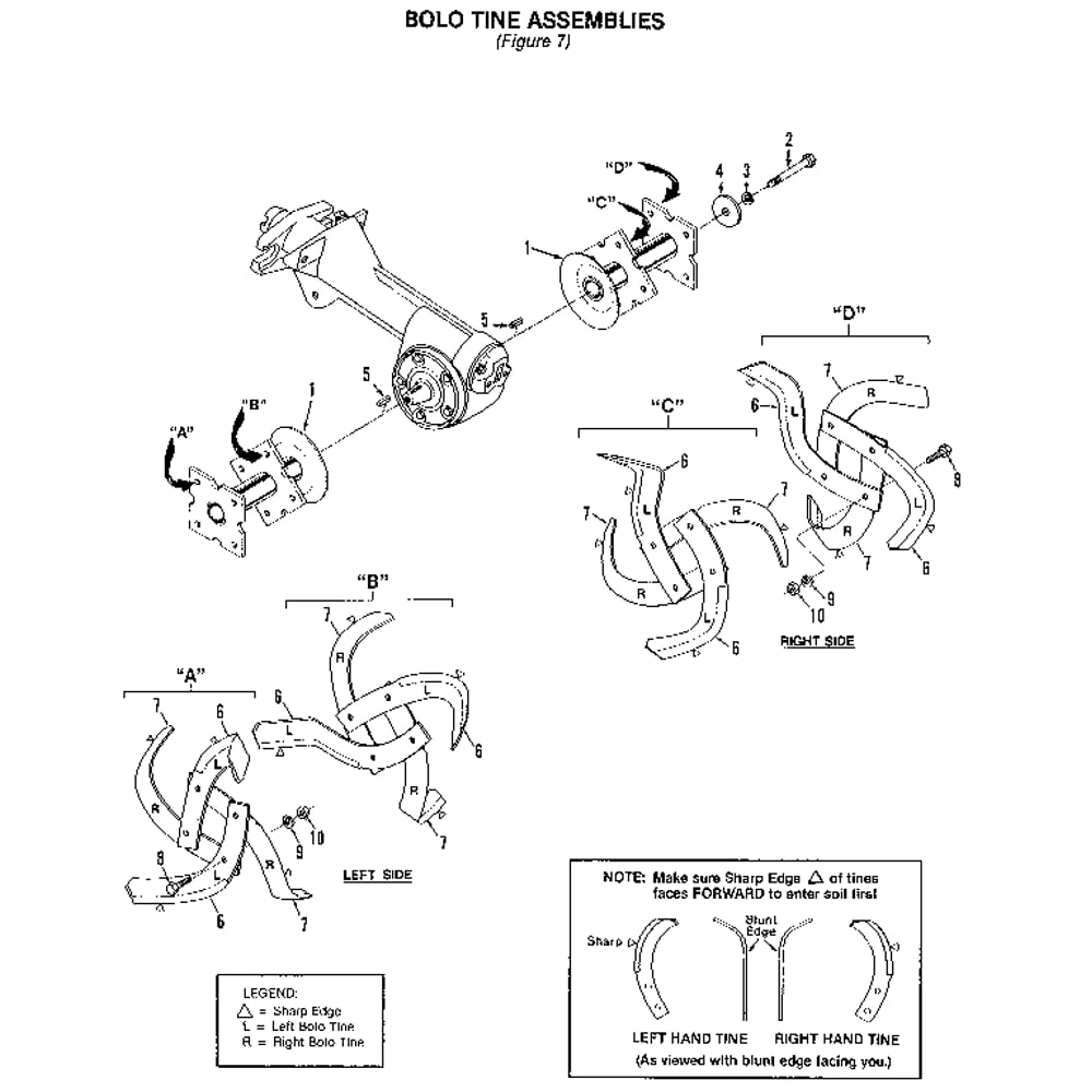 Bolo Tine Assemblies Diagram and Parts List for 00950727  Troy-Bilt Tiller
