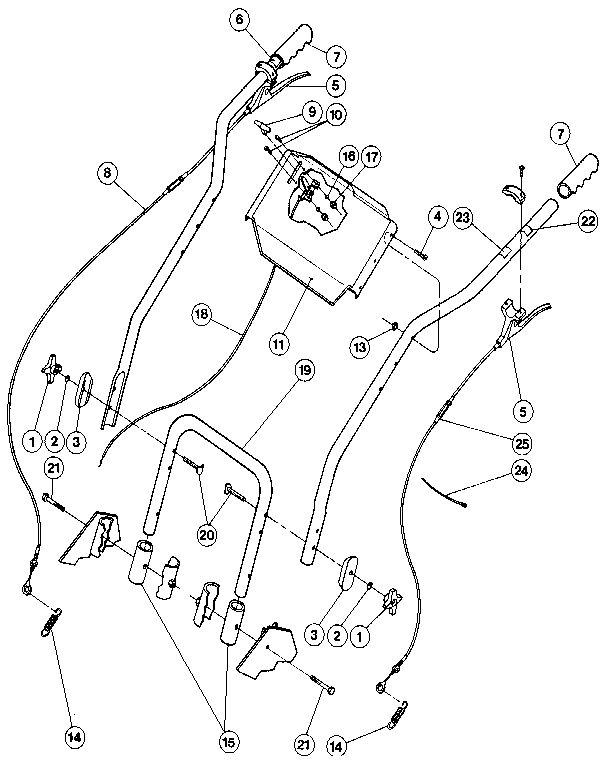 Handlebars, Control Levers, And Throttle Lever Diagram and Parts List for 88992  Troy-Bilt Lawn Mower