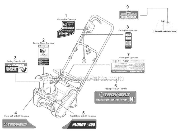 Label Map Diagram and Parts List for 31A-050-766 2012 Troy-Bilt Snow Blower