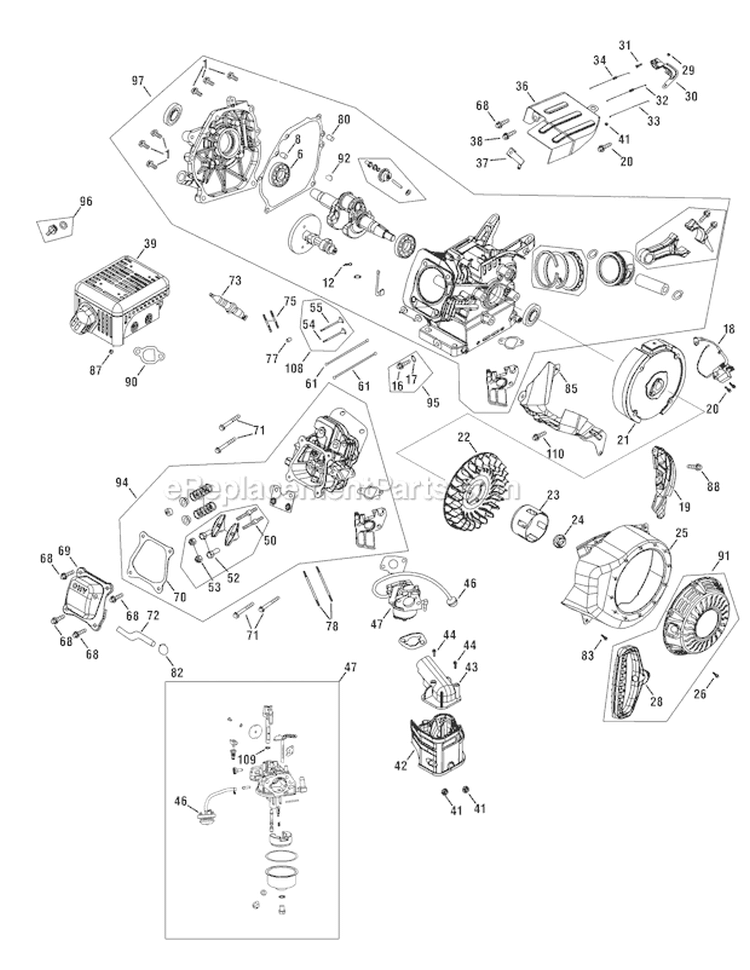 Engine Assembly 161-Jwa Diagram and Parts List for 31A-2M5A 2010 Troy-Bilt Snow Blower