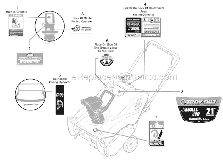 Label Map Squall 210 Diagram and Parts List for 31A-2M5A 2010 Troy-Bilt Snow Blower
