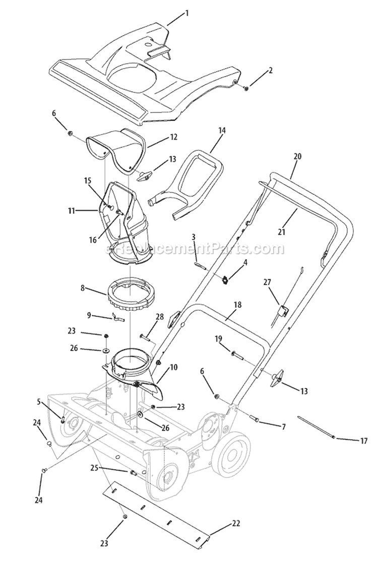Shroud, Chute, Handle & Auger Housing Diagram and Parts List for 31A-2M5A 2010 Troy-Bilt Snow Blower