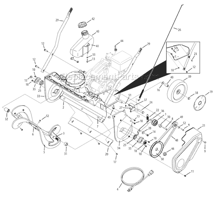 Shroud Chute And Handle Squall 210 Diagram and Parts List for 31A-2M5E711 2011 Troy-Bilt Snow Blower