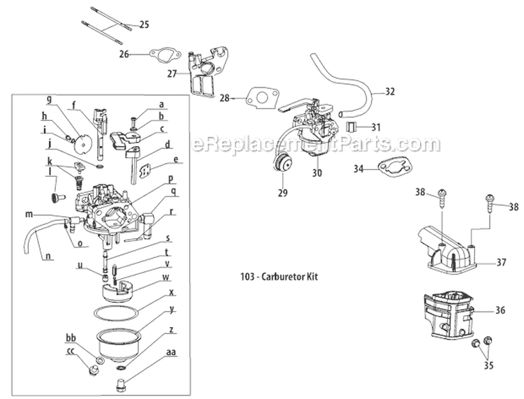 Carburetor Diagram and Parts List for 31A-2M5E766 2012 Troy-Bilt Snow Blower