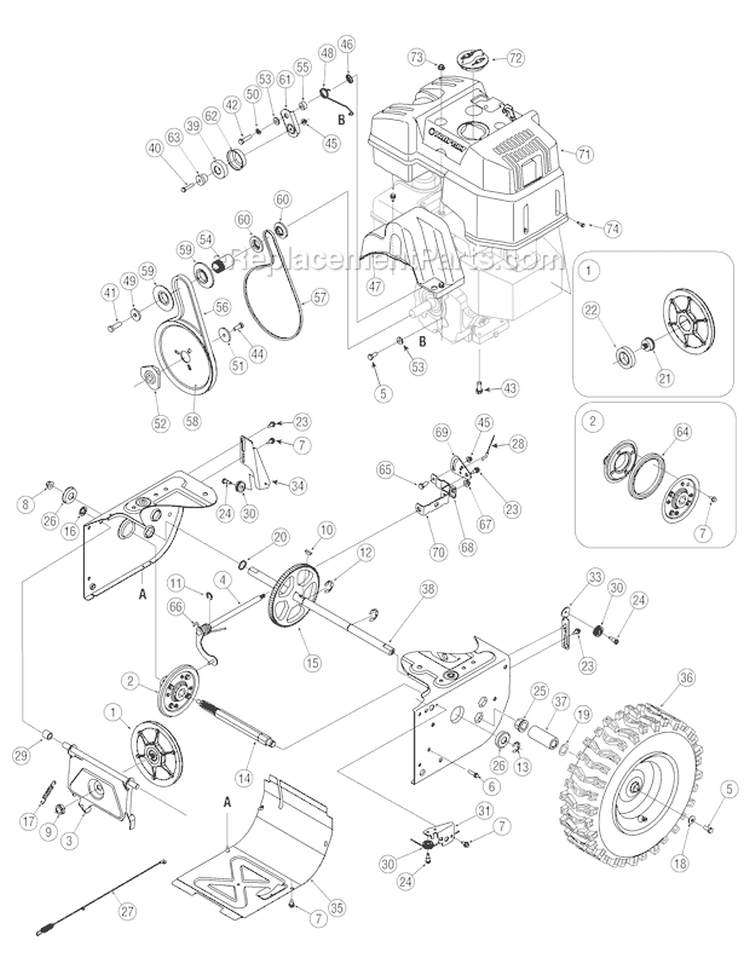 Drive Assembly Diagram and Parts List for 31AE6LO4766 2007 Troy-Bilt Snow Blower