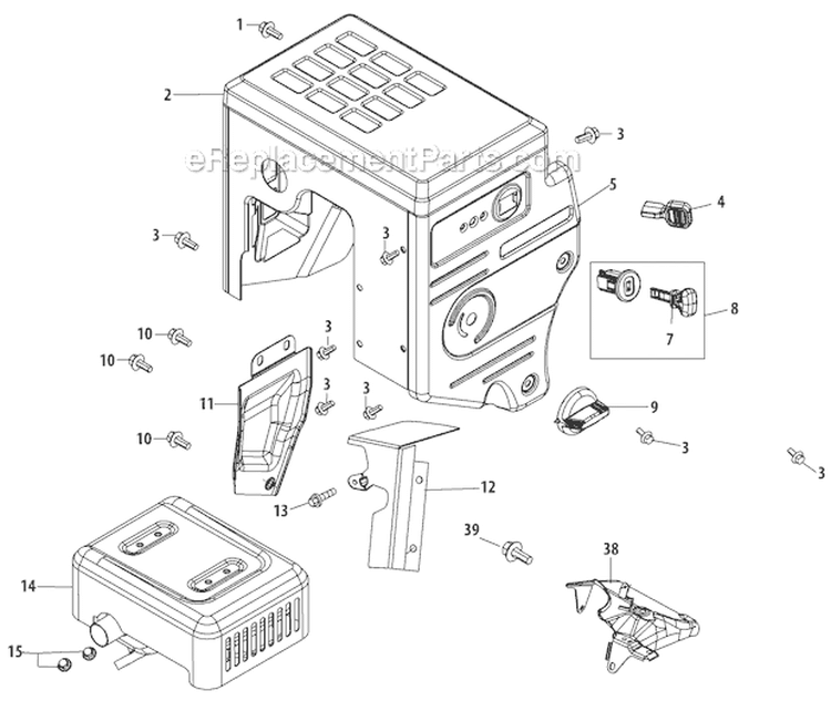 Muffler and Controls Diagram and Parts List for 31AH55Q5766 2012 Troy-Bilt Snow Blower