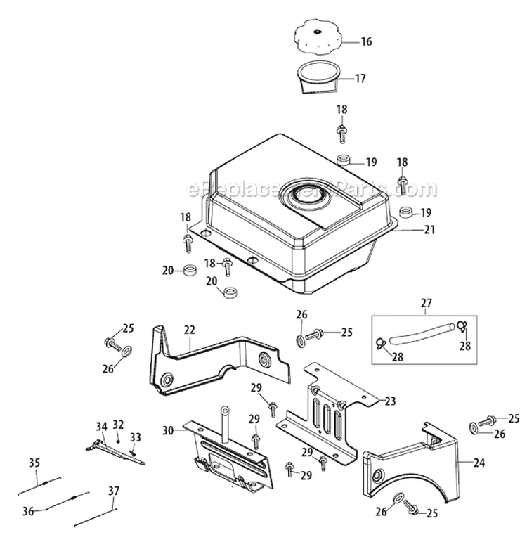 Fuel Tank and Mounting Diagram and Parts List for 31AH55R5711 2012 Troy-Bilt Snow Blower