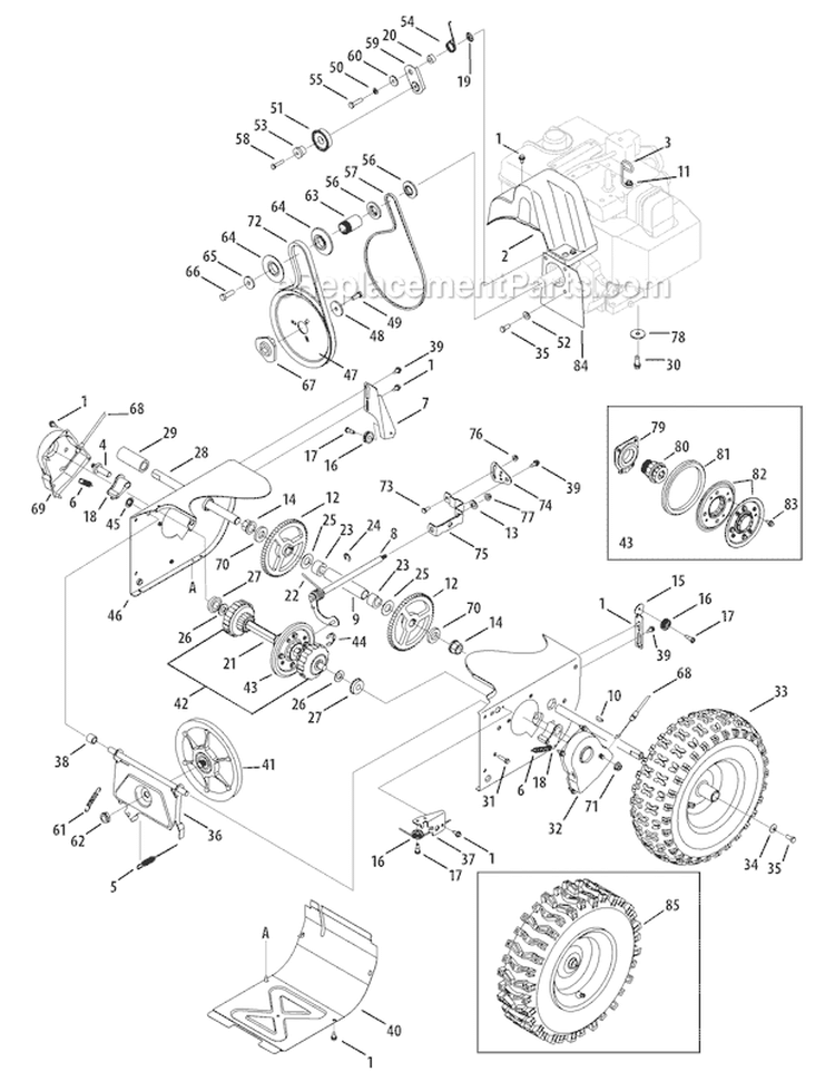 Drive System Diagram and Parts List for 31AH5SQ5766 2007 Troy-Bilt Snow Blower