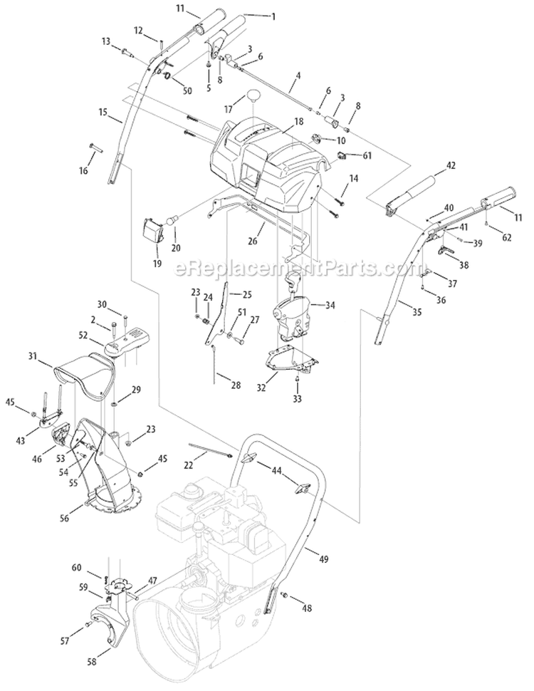 Q-Style Handle, Frame & Discharge Chute Diagram and Parts List for 31AH5SQ5766 2007 Troy-Bilt Snow Blower