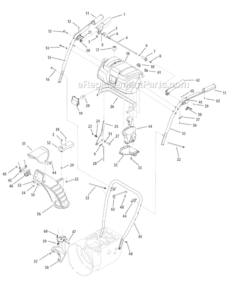 Handle & Discharge Chute Diagram and Parts List for 31AH5ZQ5 2008 Troy-Bilt Snow Blower