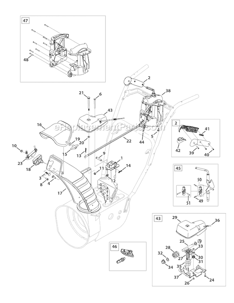 Extended Chute 2-Way & 4-Way Diagram and Parts List for 31AH64Q4711 2011 Troy-Bilt Snow Blower