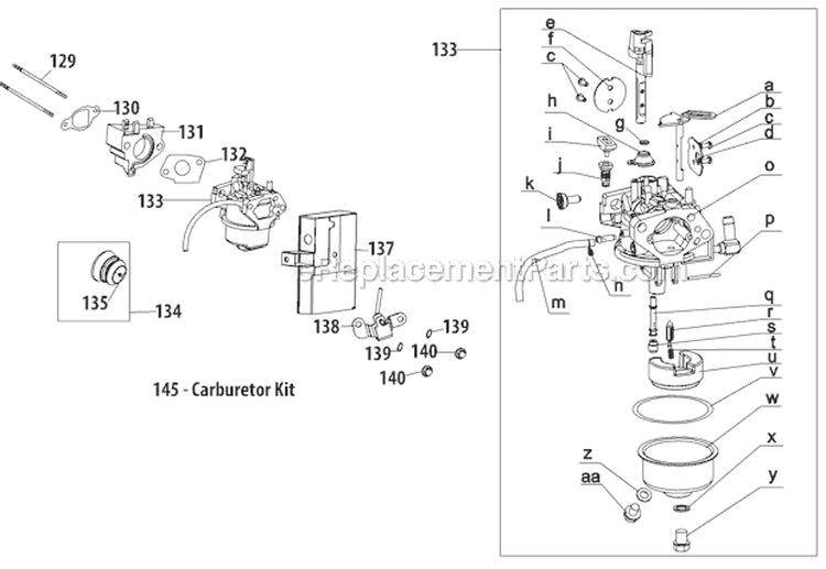 Carburetor Diagram and Parts List for 31AH64Q4711 2012 Troy-Bilt Snow Blower