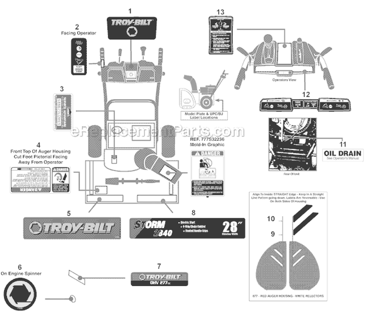 Label Map Diagram and Parts List for 31AH64Q4711 2012 Troy-Bilt Snow Blower