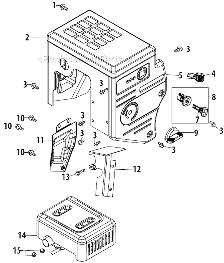 Muffler and Controls Diagram and Parts List for 31AH64Q4711 2012 Troy-Bilt Snow Blower
