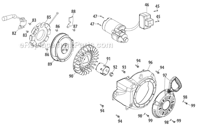 Starting System and Blower Housing Diagram and Parts List for 31AH64Q4711 2012 Troy-Bilt Snow Blower