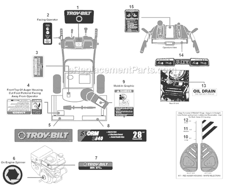 Label Map Storm 2840 Diagram and Parts List for 31AH64Q4766 2011 Troy-Bilt Snow Blower