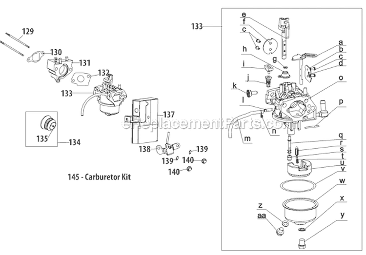 Carburetor Diagram and Parts List for 31AH64Q4766 2012 Troy-Bilt Snow Blower