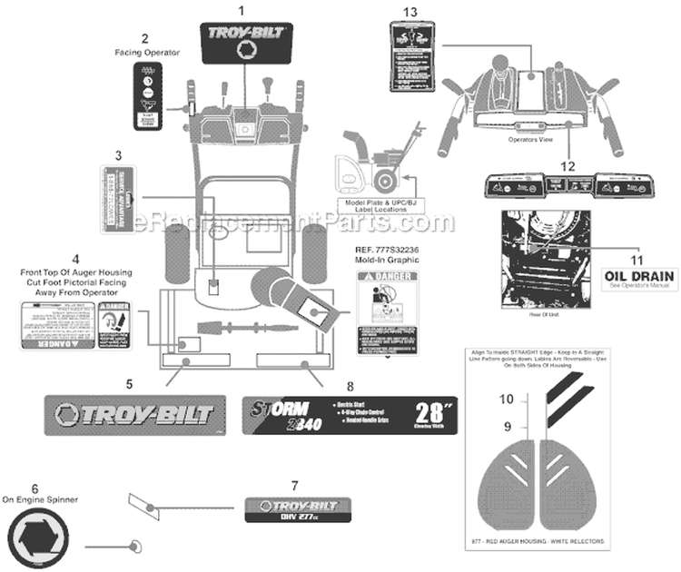 Label Map Diagram and Parts List for 31AH64Q4766 2012 Troy-Bilt Snow Blower