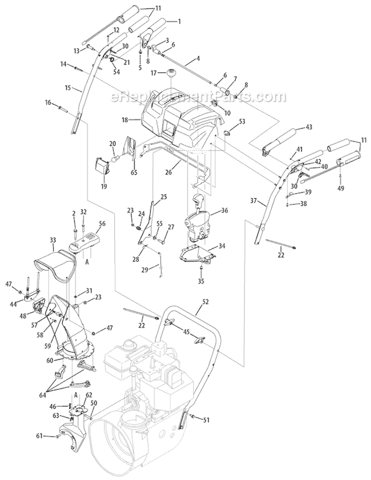 Q-Style Handle, Frame & Discharge Chute Diagram and Parts List for 31AH6KQ4711 2007 Troy-Bilt Snow Blower
