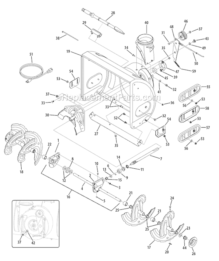 Auger & Auger Housing Diagram and Parts List for 31AH6WQ4 2008 Troy-Bilt Snow Blower