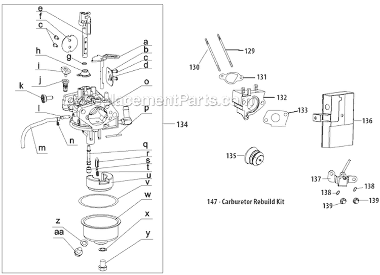 Carburetor Diagram and Parts List for 31AH95P6711 2012 Troy-Bilt Snow Blower