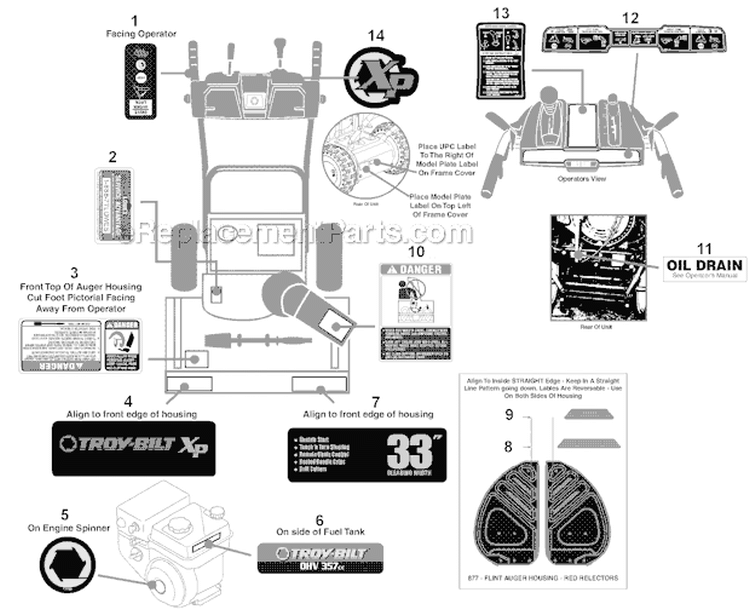 Label Map Diagram and Parts List for 31AH95P6711 2012 Troy-Bilt Snow Blower