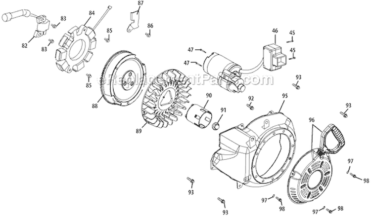 Starter Assembly and Blower Housing Diagram and Parts List for 31AH95P6711 2012 Troy-Bilt Snow Blower