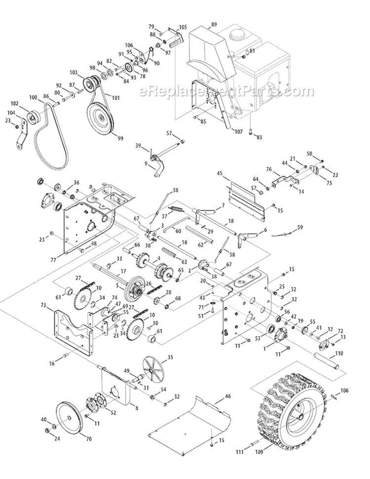 Snow Thrower Drive System Diagram and Parts List for 31AH95P6766 2011 Troy-Bilt Snow Blower