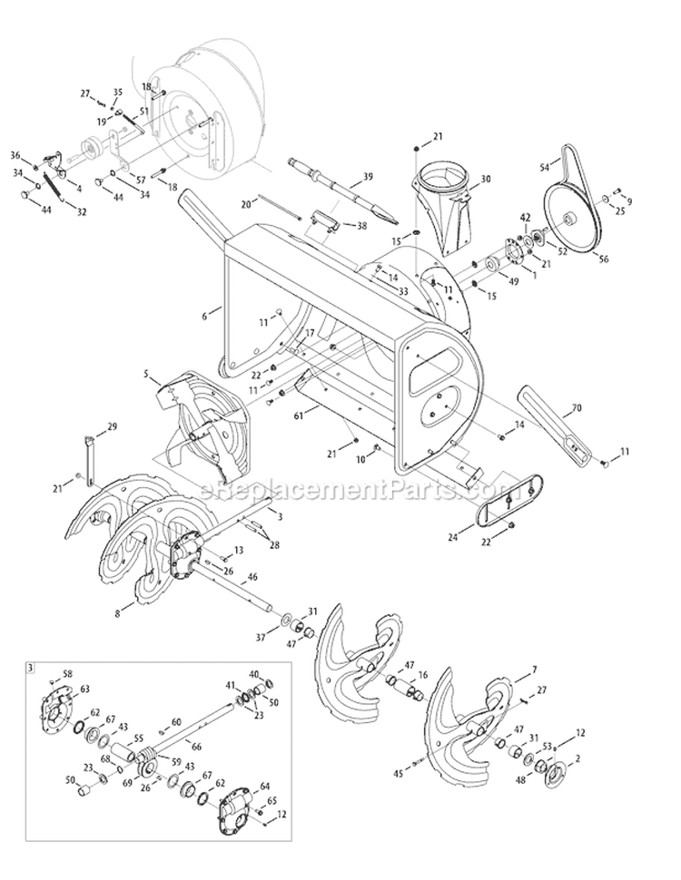 Augers, Housing & Gearbox Diagram and Parts List for 31AH95P6766 2011 Troy-Bilt Snow Blower