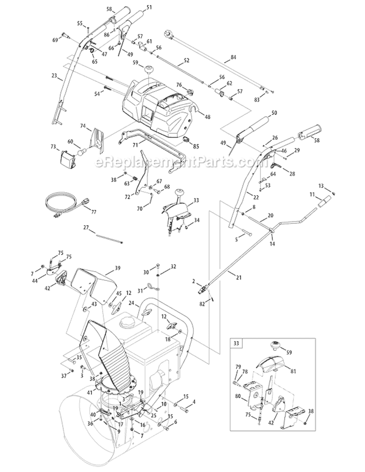 Handle Panel & Discharge Chute Diagram and Parts List for 31AH95P6766 2011 Troy-Bilt Snow Blower