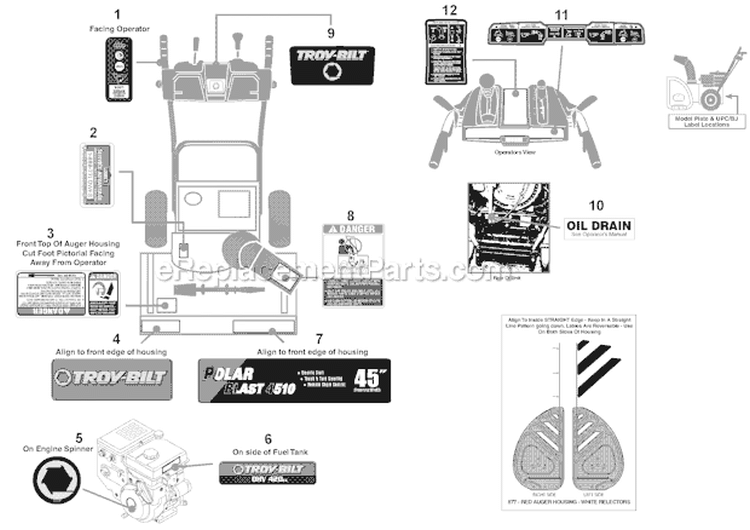Label Map Diagram and Parts List for 31AH97P7711 2011 Troy-Bilt Snow Blower